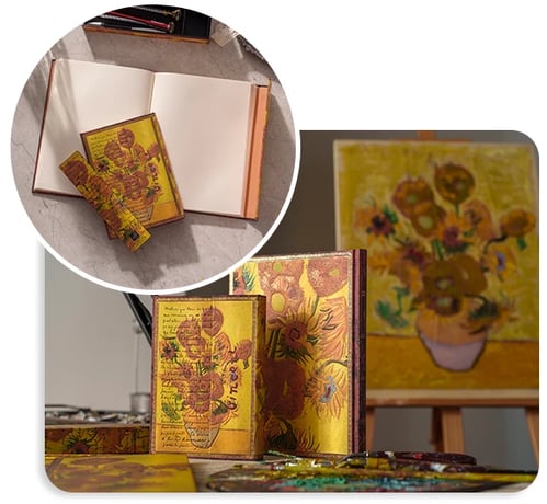 Hardcover journals  and document folder featuring Van Gogh’s Sunflowers (1889) with an overlay of his handwritten letter to Theo, both standing upright with a framed painting displayed behind them on an ease.